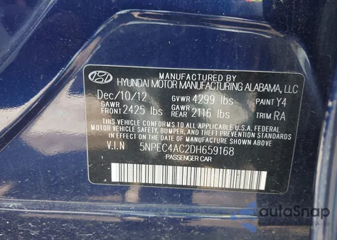 2013 Hyundai Sonata Se из США, поврежденный, VIN 5NPEC4AC2DH659168